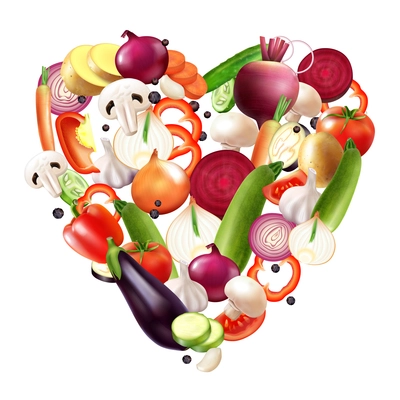 Realistic vegetables heart composition with heart shaped mix of vegetable slices and whole fruits with berries vector illustration