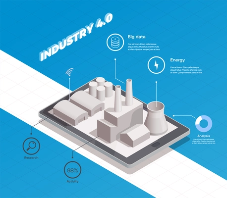 Smart industry isometric composition with factory building 3d vector illustration