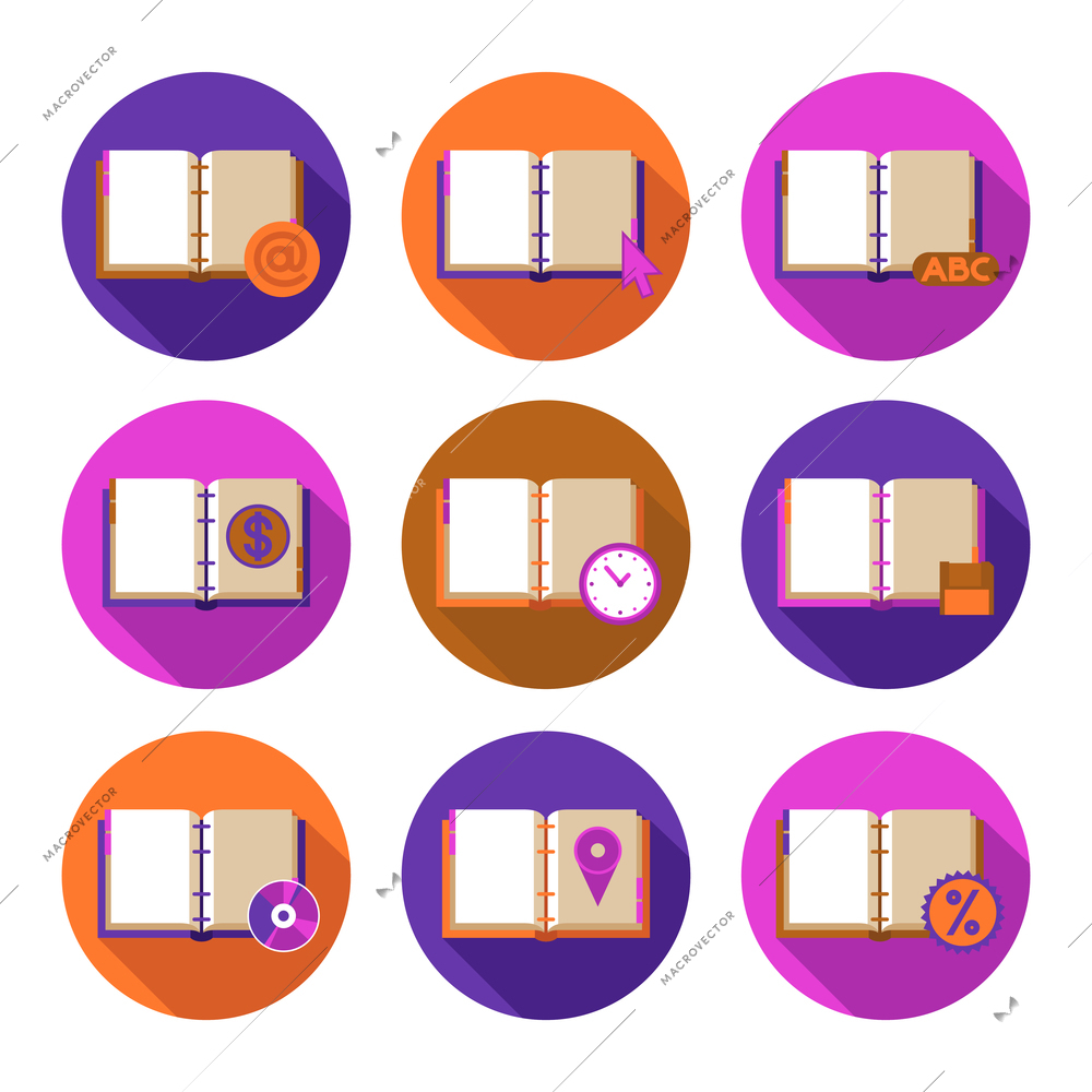 Book literature flat icons set with information and time symbols isolated vector illustration