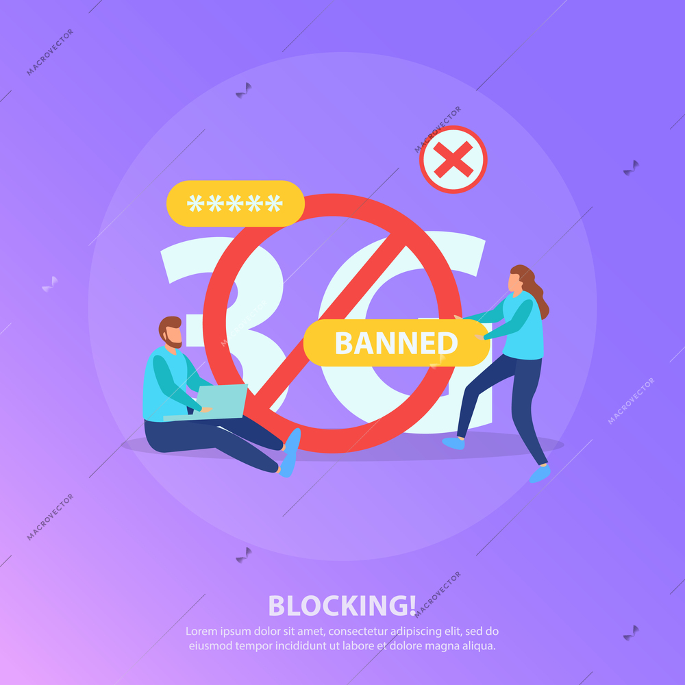 Internet blocking censorship flat purple background poster with red circle prohibition sign and banned users vector illustration