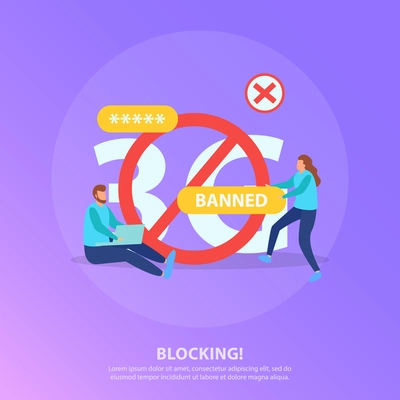 Internet blocking censorship flat purple background poster with red circle prohibition sign and banned users vector illustration