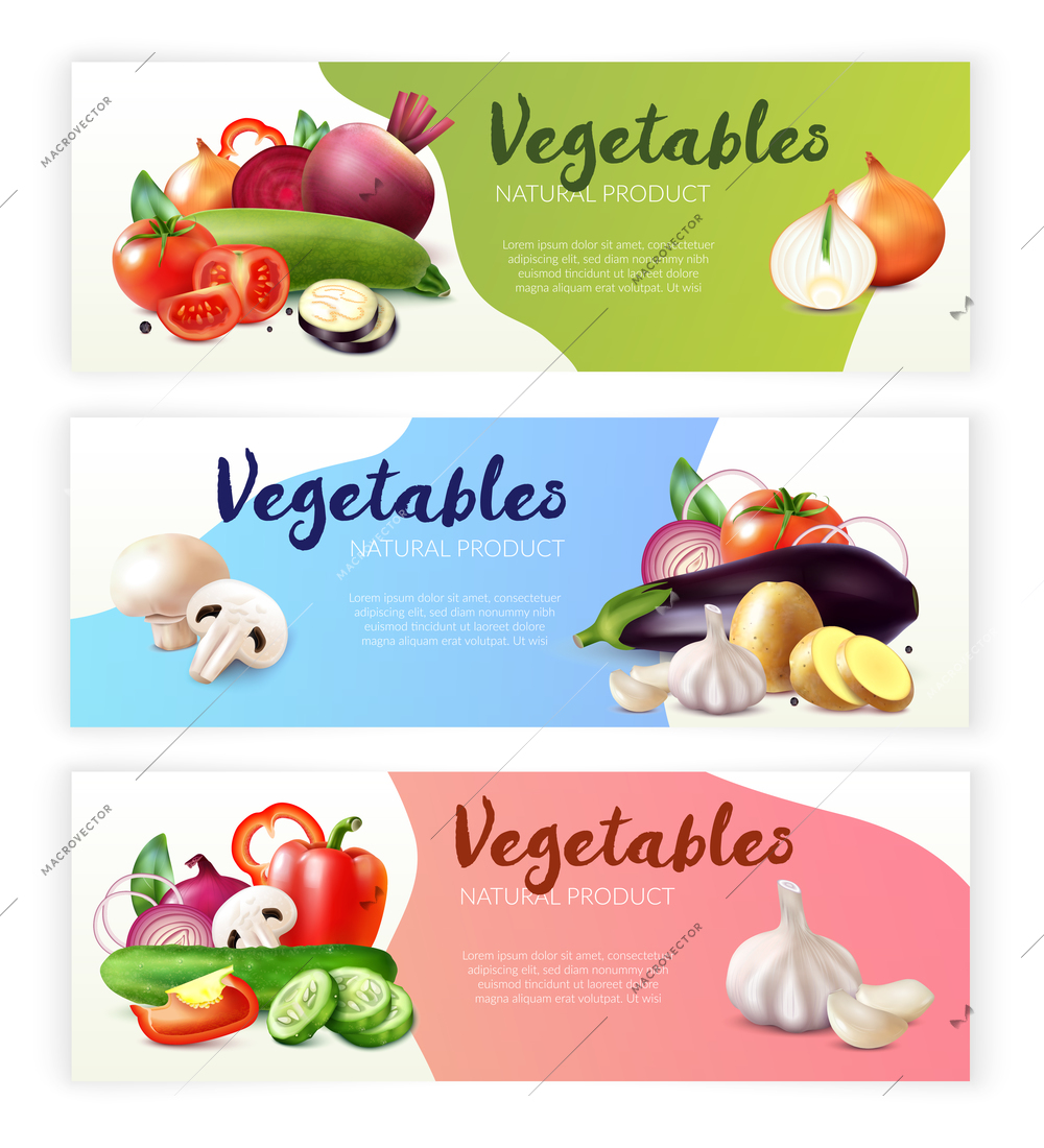 Realistic vegetables horizontal banners collection with three compositions of ripe fruits and slices with editable text vector illustration