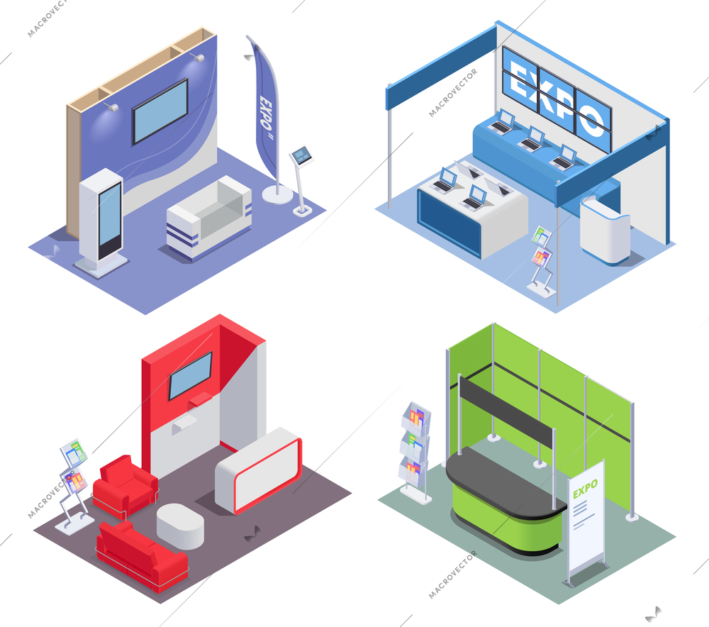 Isometric 2x2 design concept with empty expo stands in rooms for exhibition and promotion 3d isolated vector illustration