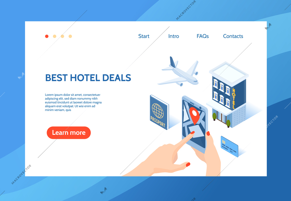 Isometric hotel concept banner web site landing page design with editable text links and clickable button vector illustration