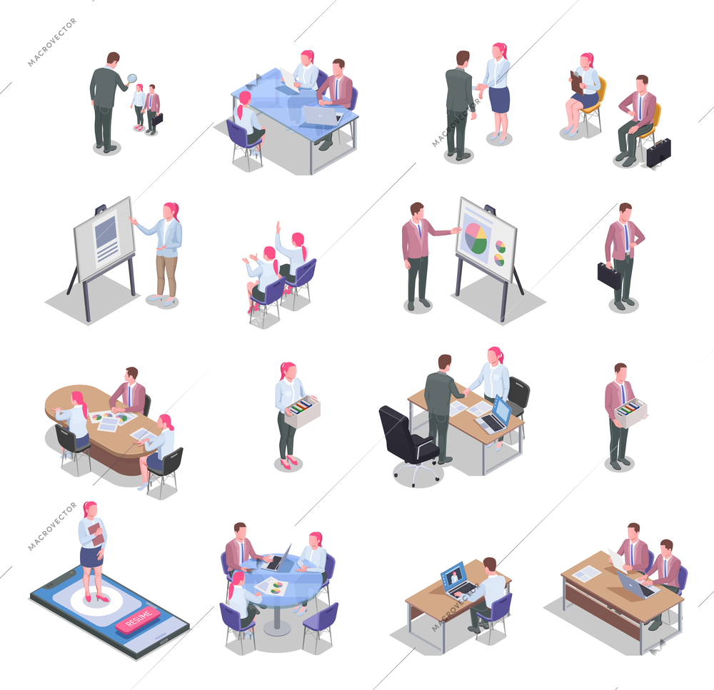 Recruiting isometric icons set with job candidates communicating with recruiters isolated on white background 3d vector illustration