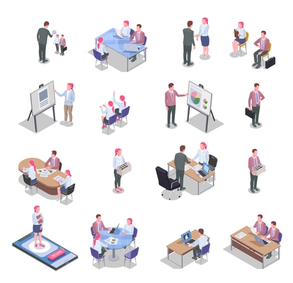 Recruiting isometric icons set with job candidates communicating with recruiters isolated on white background 3d vector illustration