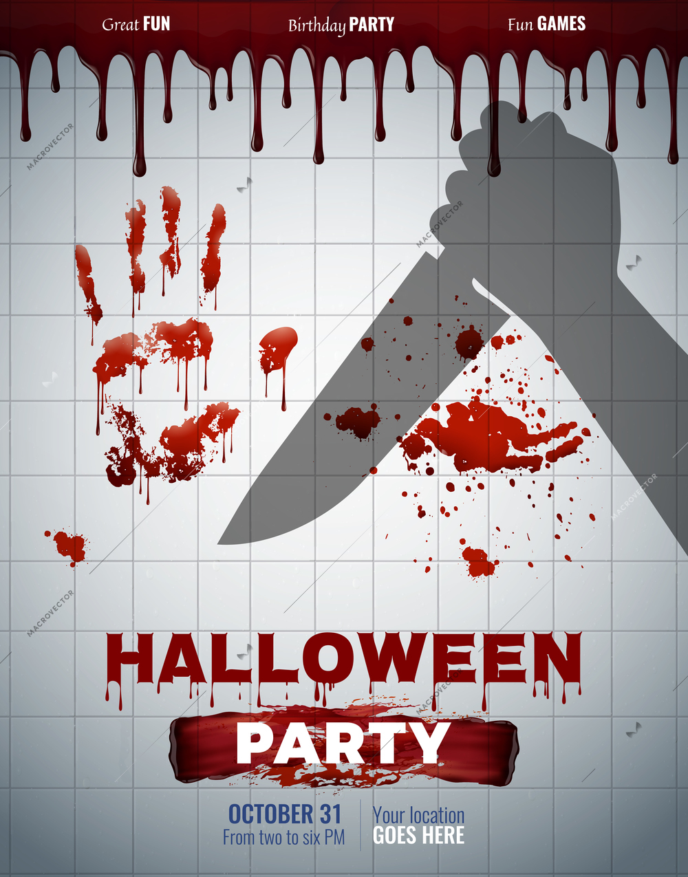 Creepy halloween party invitation poster with shadow of hand holding knife and blood splatter on wall realistic vector illustration