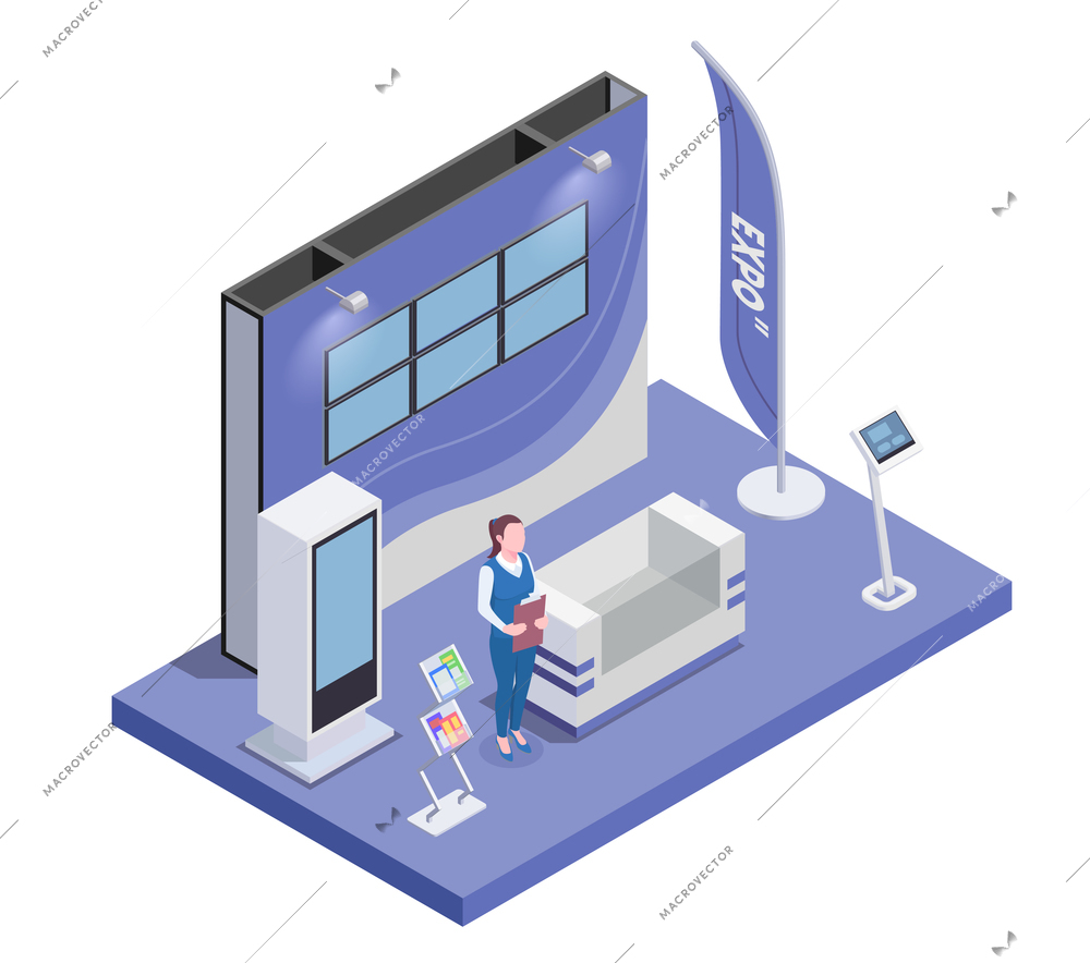 Isometric composition with woman and expo stand with monitor and handouts 3d vector illustration