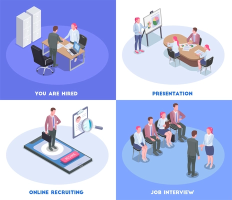 Isometric colored recruiting human resources 2x2 design concept with candidates having job interview 3d isolated vector illustration