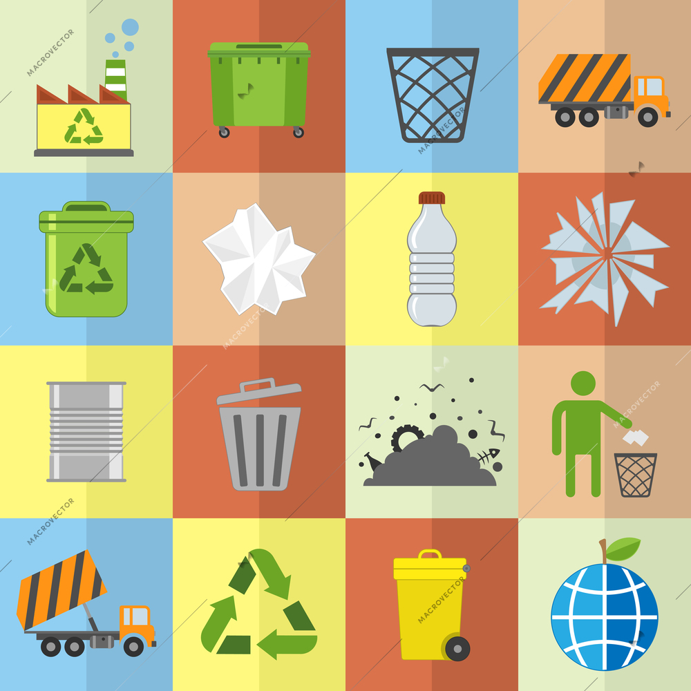 Garbage trash environmental cleaning hygienic symbols website icons set isolated vector illustration