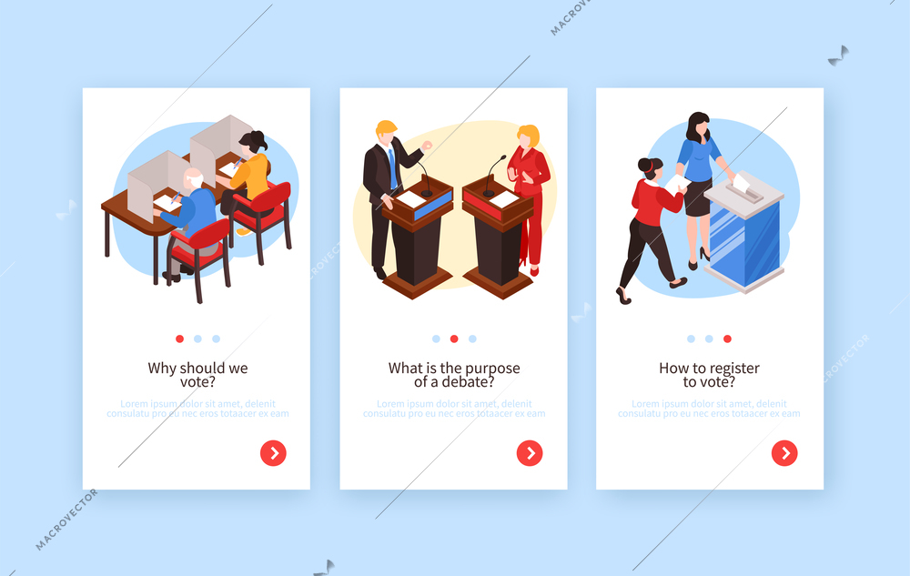 Isometric election vertical banners set with human characters of voters politicians editable text and page buttons vector illustration