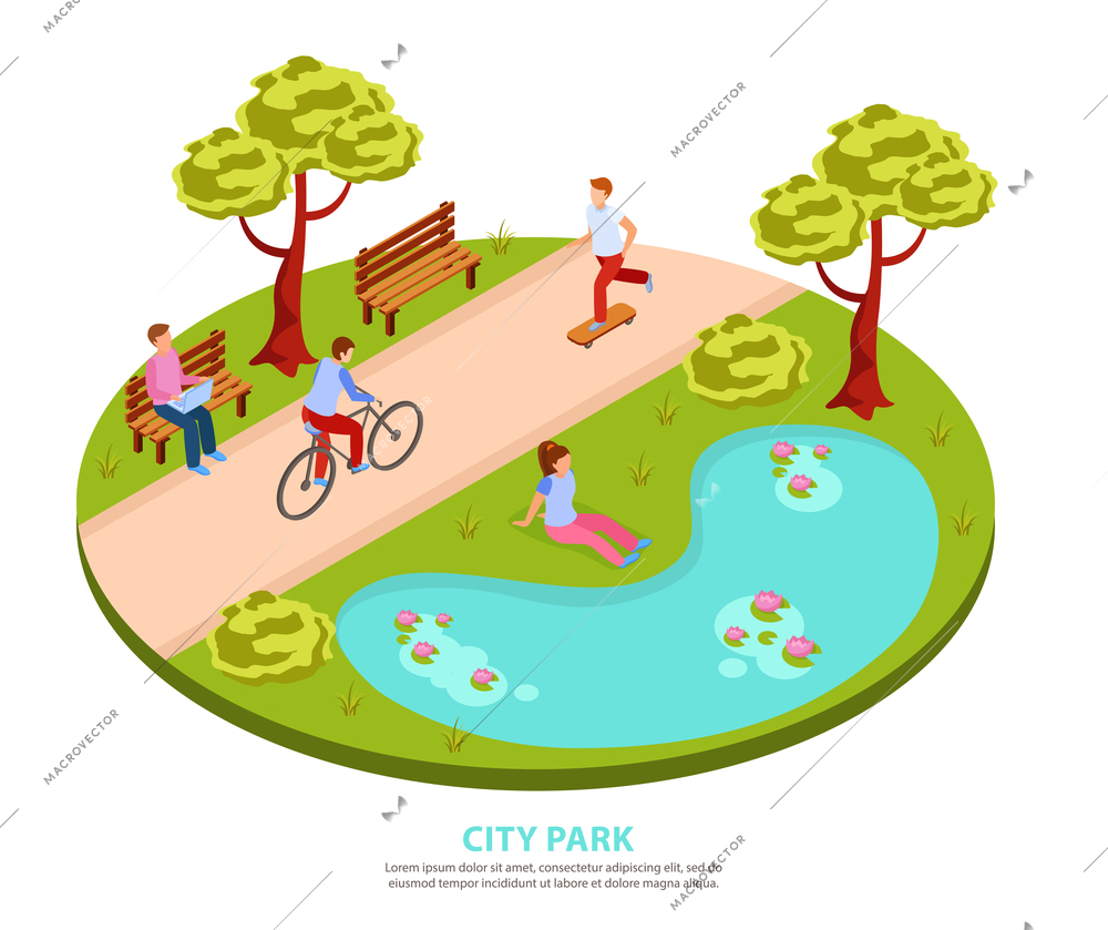 City park round isometric composition with people skateboarding cycling working on laptop sitting by pond vector illustration