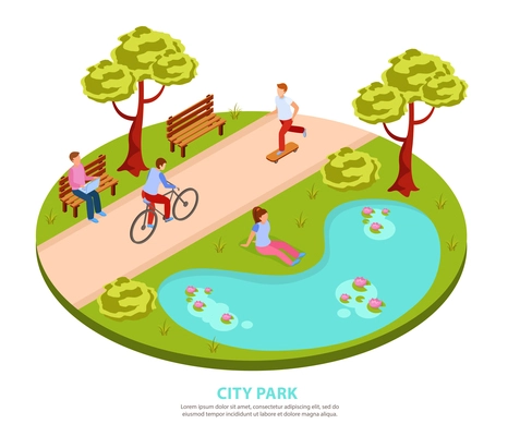 City park round isometric composition with people skateboarding cycling working on laptop sitting by pond vector illustration