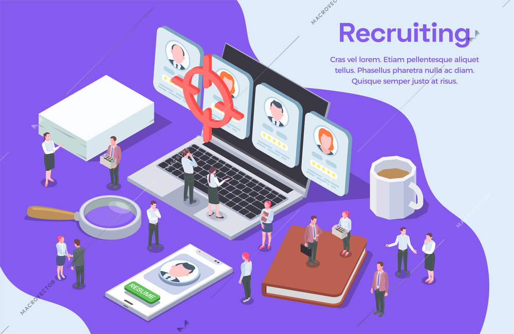 Human resources online recruitment isometric composition with candidates resume and recruiter characters 3d vector illustration