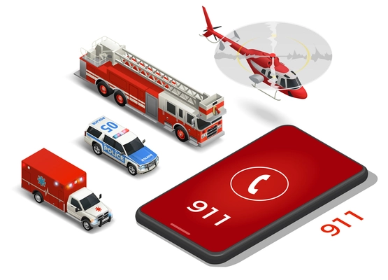 Isometric icons set with emergency service transport and smartphone dialing 911 number isolated on white background 3d vector illustration