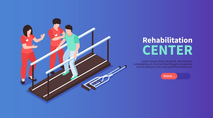 Isometric rehabilitation physiotherapy horizontal banner with editable text slider button and human characters of medical assistants vector illustration