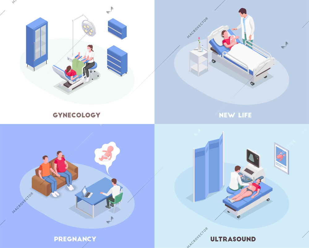 Pregnancy isometric 2x2 design concept with gynecologist consulting and examining pregnant women 3d isolated vector illustration