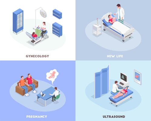 Pregnancy isometric 2x2 design concept with gynecologist consulting and examining pregnant women 3d isolated vector illustration