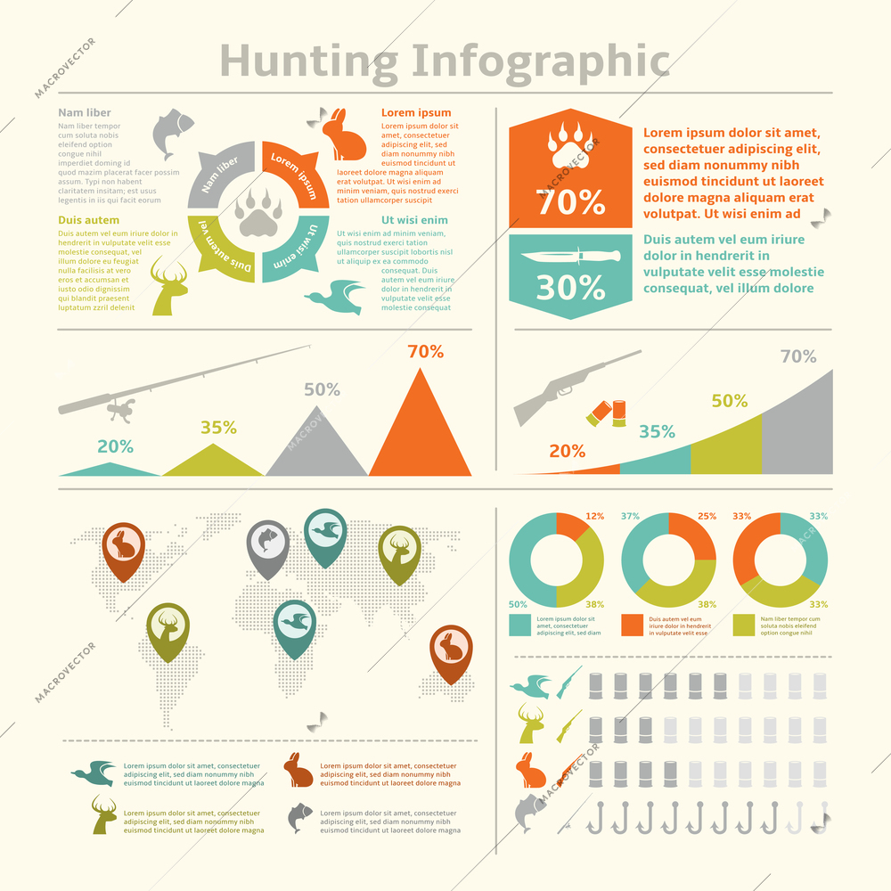 Hunting animals wildlife fishing infographics with diagrams charts for template design vector illustration