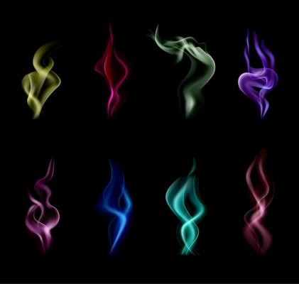 Realistic and isolated smoke colorful icon set with different colors abstract and magical vector illustration