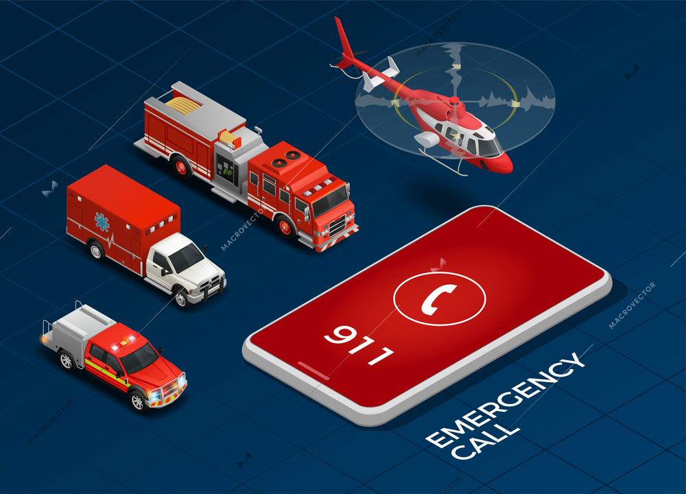 Emergency call and transport with helicopter ambulance fire engine isometric set isolated on blue background 3d vector illustration