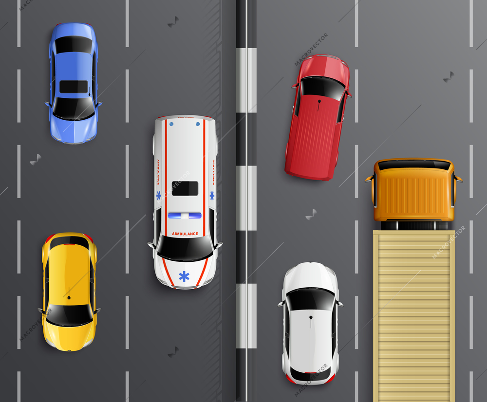 Cars top view realistic composition with traffic lanes barrier and colourful cars with ambulance and truck vector illustration