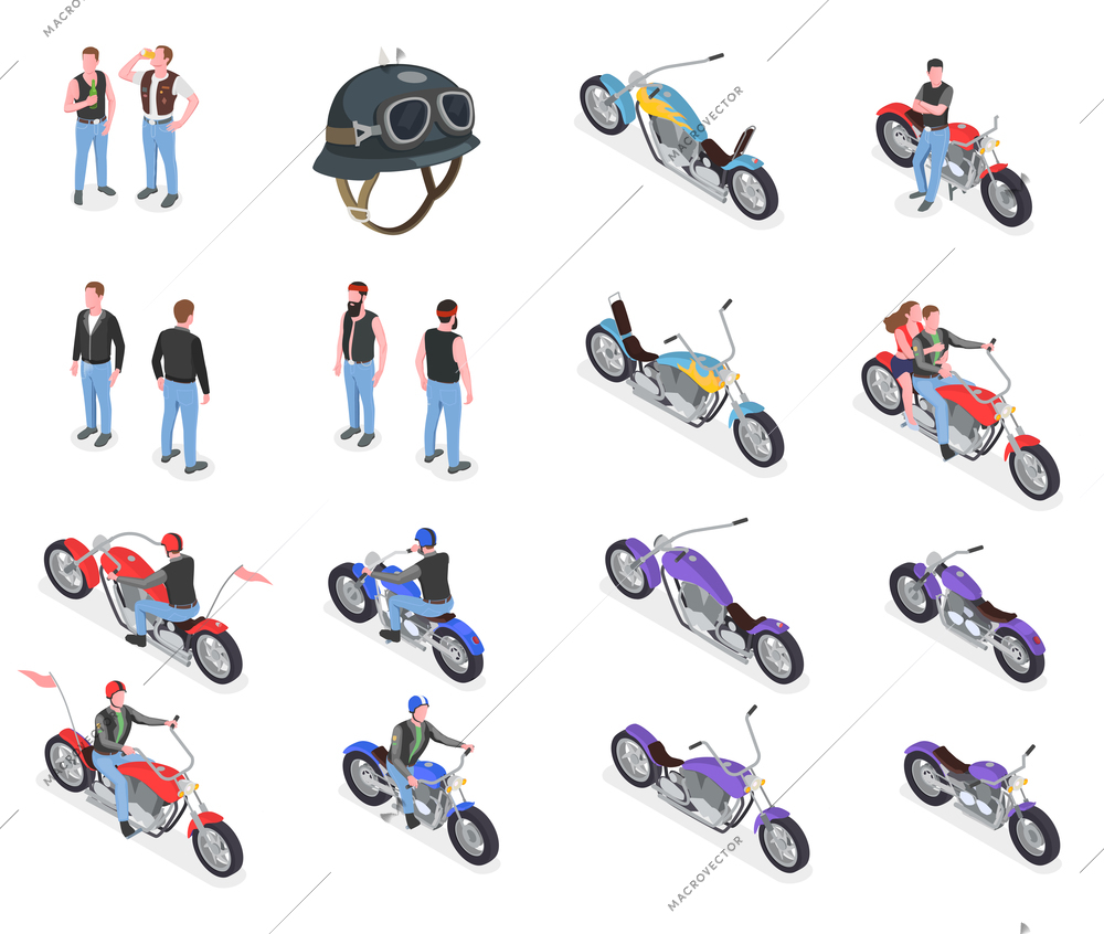 Set of isometric icons with male bikers helmet and various motorcycles isolated on white background 3d vector illustration