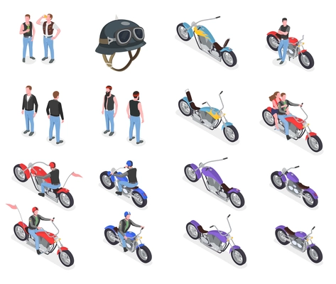 Set of isometric icons with male bikers helmet and various motorcycles isolated on white background 3d vector illustration