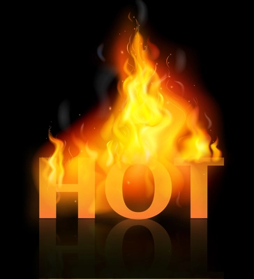 Colored realistic fire flame composition with big orange word hot on fire vector illustration