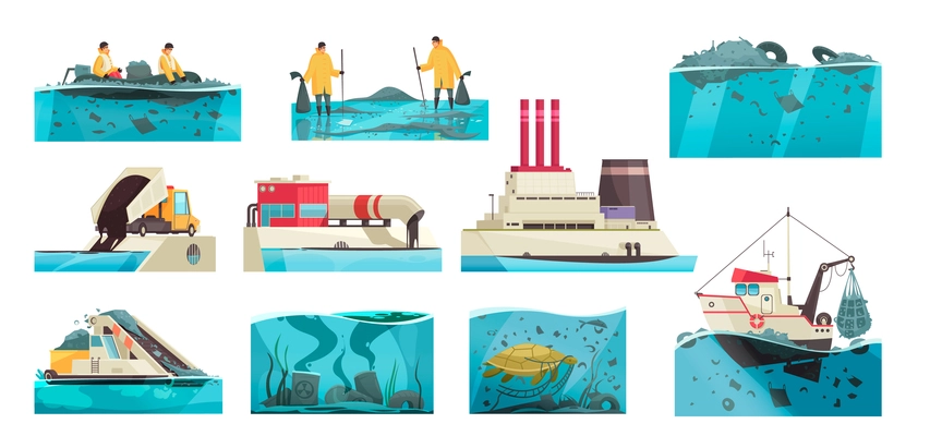 Nature water pollution set of isolated icons with flat underwater landscapes and waste collecting appliances workers vector illustration