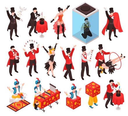 Isometric magician showing tricks focuses set of isolated human characters with show props and gaudy dress vector illustration