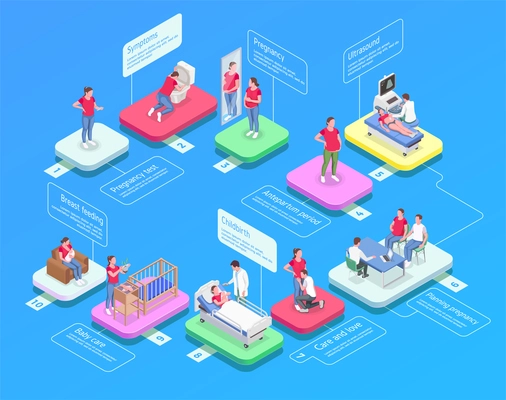 Isometric flowchart with icons showing stages of pregnancy and women after delivering baby on blue background 3d vector illustration