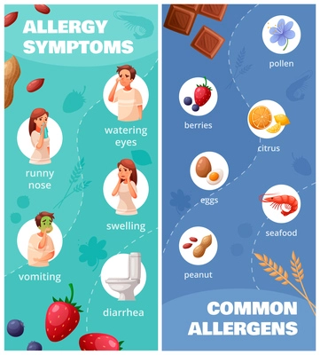 Allergy verticl banners set with common allergens symbols cartoon isolated vector illustration