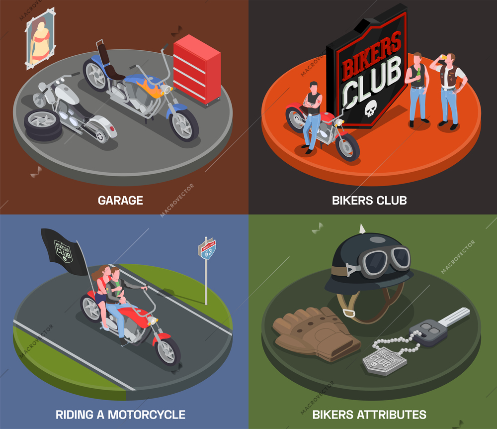 Isometric 2x2 design concept with bikers their attributes and club emblem isolated on colorful background 3d vector illustration