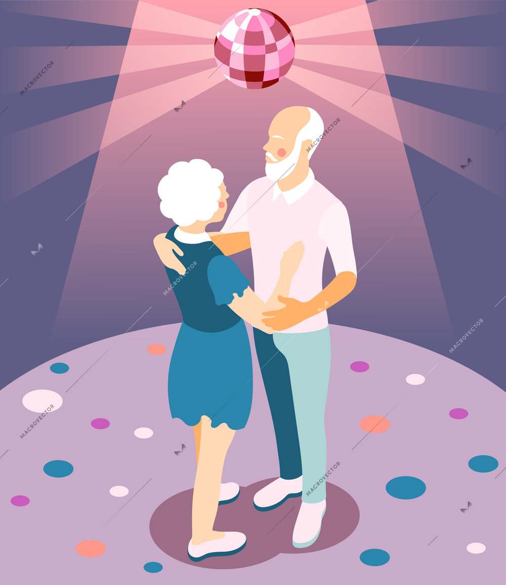 Modern elderly people isometric vector illustration with couple of pensioners dancing in night club scene