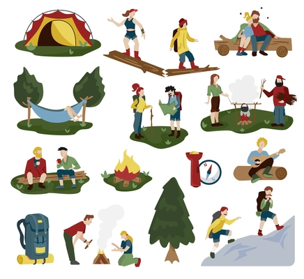 Camping funny flat retro mini compositions icons set with hiking mountain climbing people accessories situations vector illustration