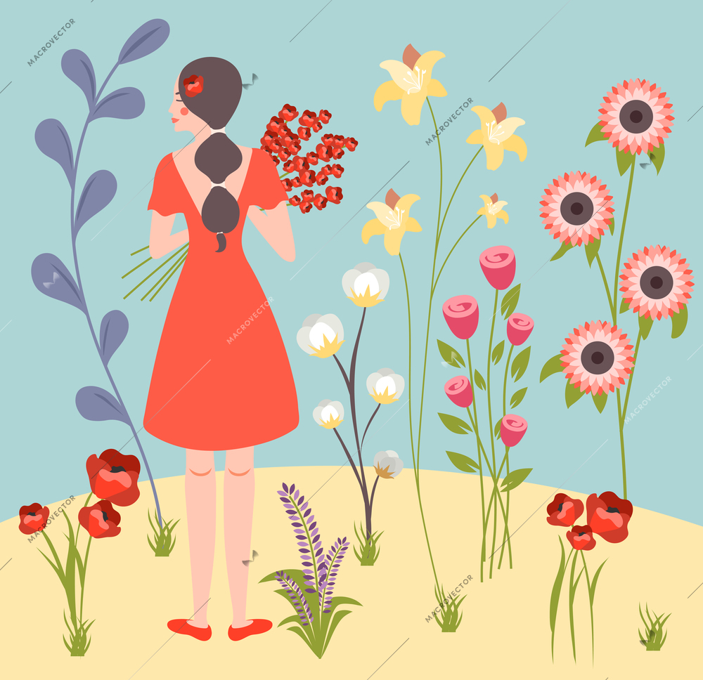 Flower girl in red preparing bouquet for wedding ceremony against exotic blooming plants background flat vector illustration