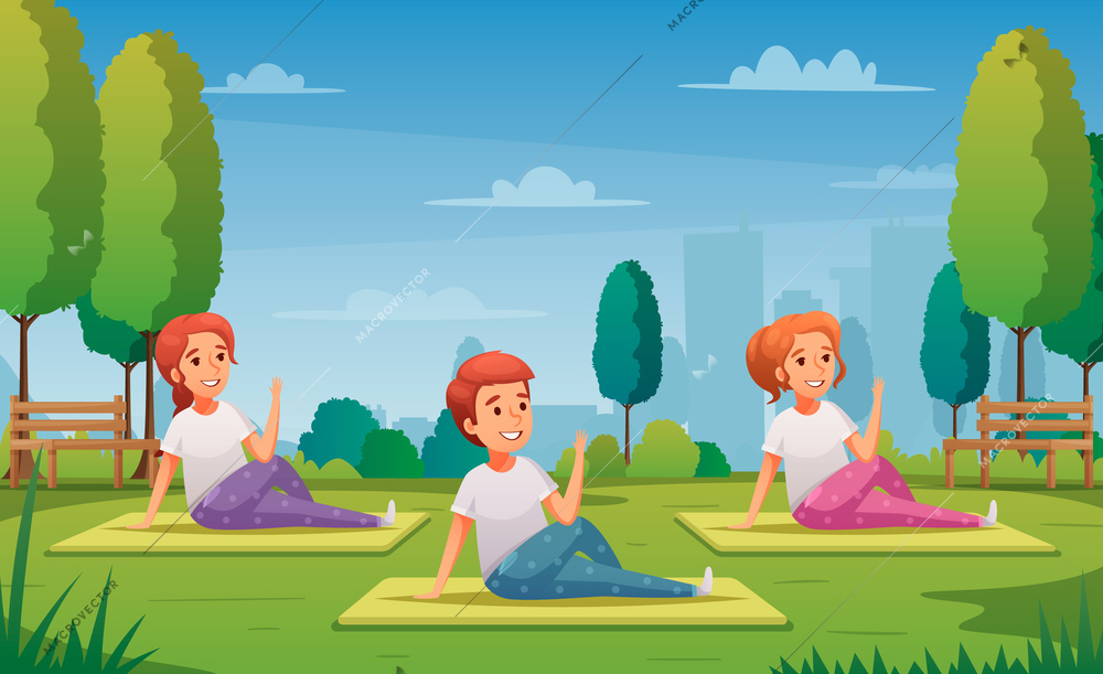 Kids yoga background with training in park symbols cartoon vector illustration