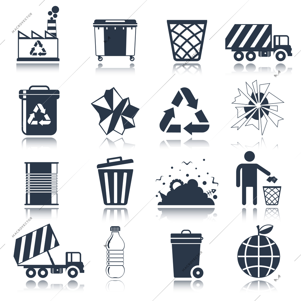 Garbage rubbish green cleaning hygienic symbols website black icons set isolated vector illustration