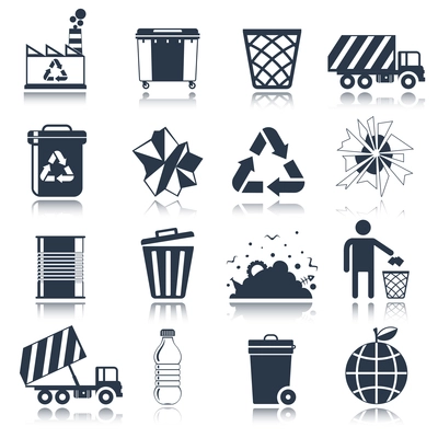 Garbage rubbish green cleaning hygienic symbols website black icons set isolated vector illustration