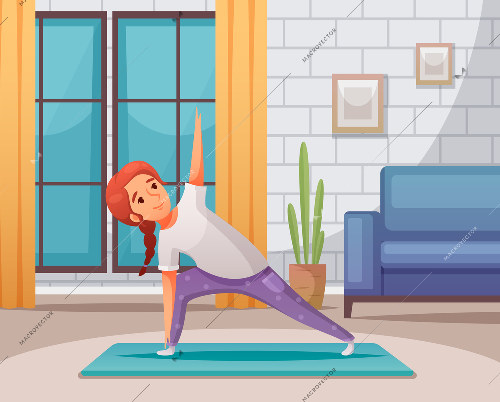 Kids yoga at home background with training symbols cartoon vector illustration