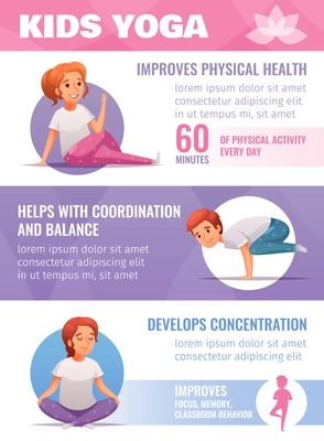 Kids yoga infographic set with coordination and balance symbols cartoon vector illustration