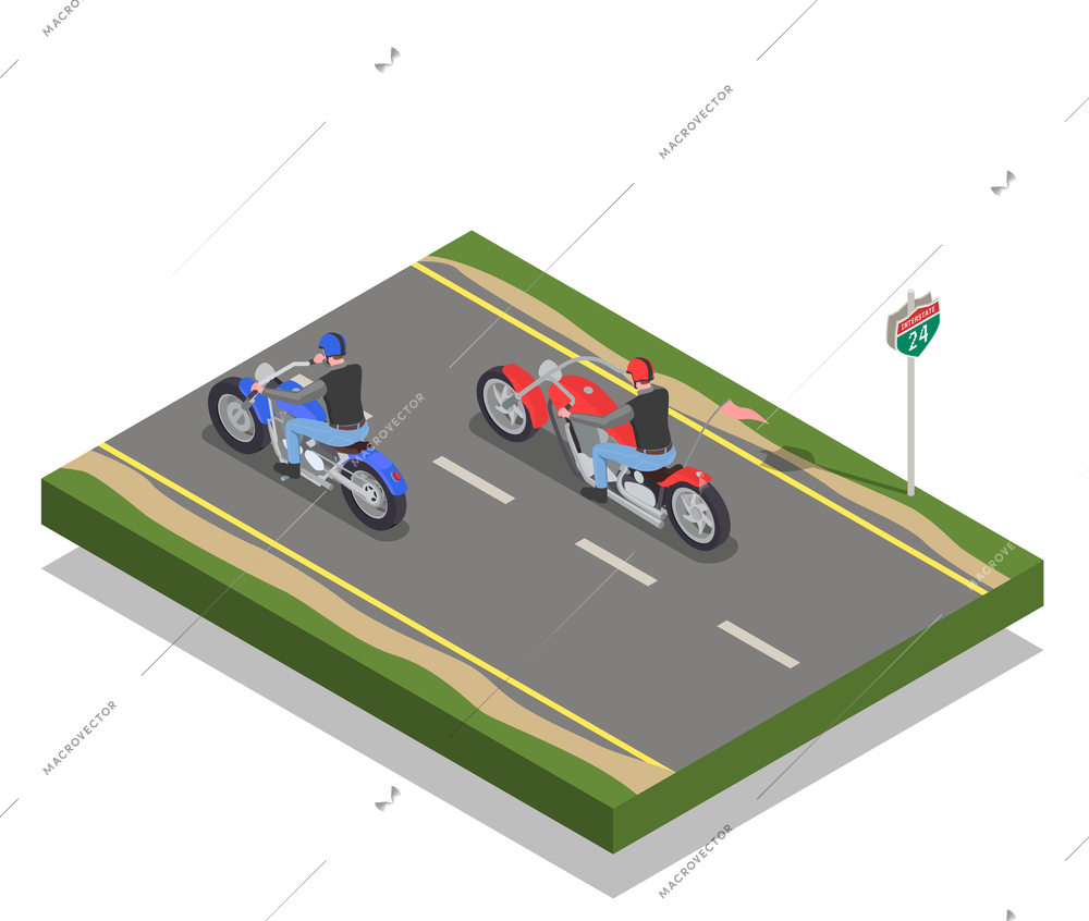 Two men bikers riding red and blue motorcycles isometric composition 3d vector illustration