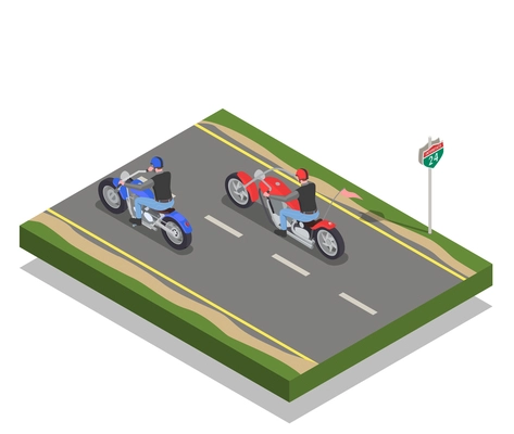 Two men bikers riding red and blue motorcycles isometric composition 3d vector illustration