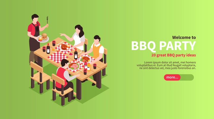 Isometric bbq barbecue horizontal banner with slider button text and images of people eating at table vector illustration