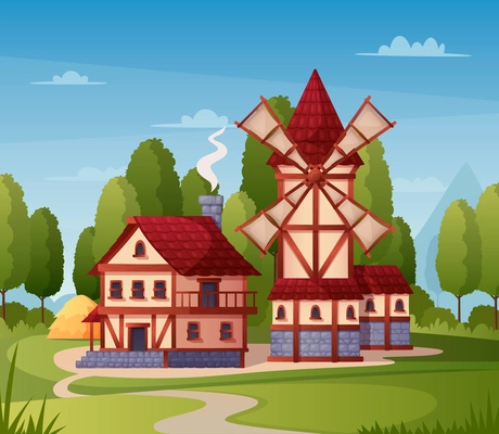 Medieval town cartoon background with mill house and road vector illustration