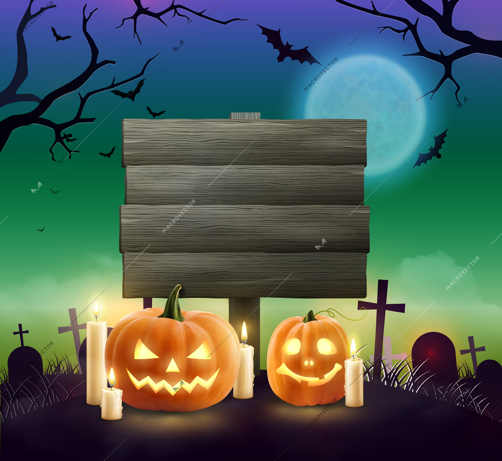 Creepy realistic halloween background with text field two jack o lantern pumpkins and burning candles on cemetery at night time vector illustration