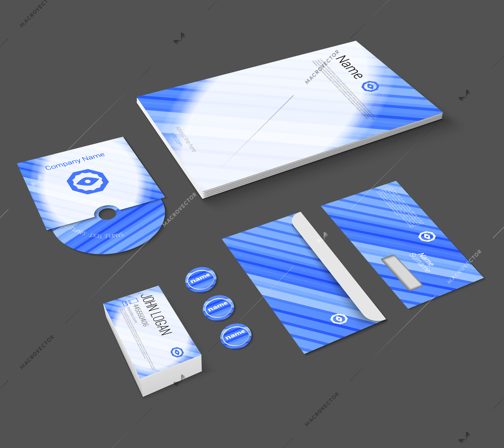 Blue abstract business company stationery template for corporate identity and branding set isolated vector illustration