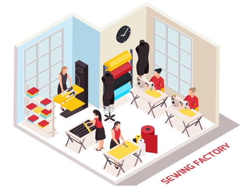 Sewing factory isometric composition with seamstresses and clothes designers at work 3d vector illustration