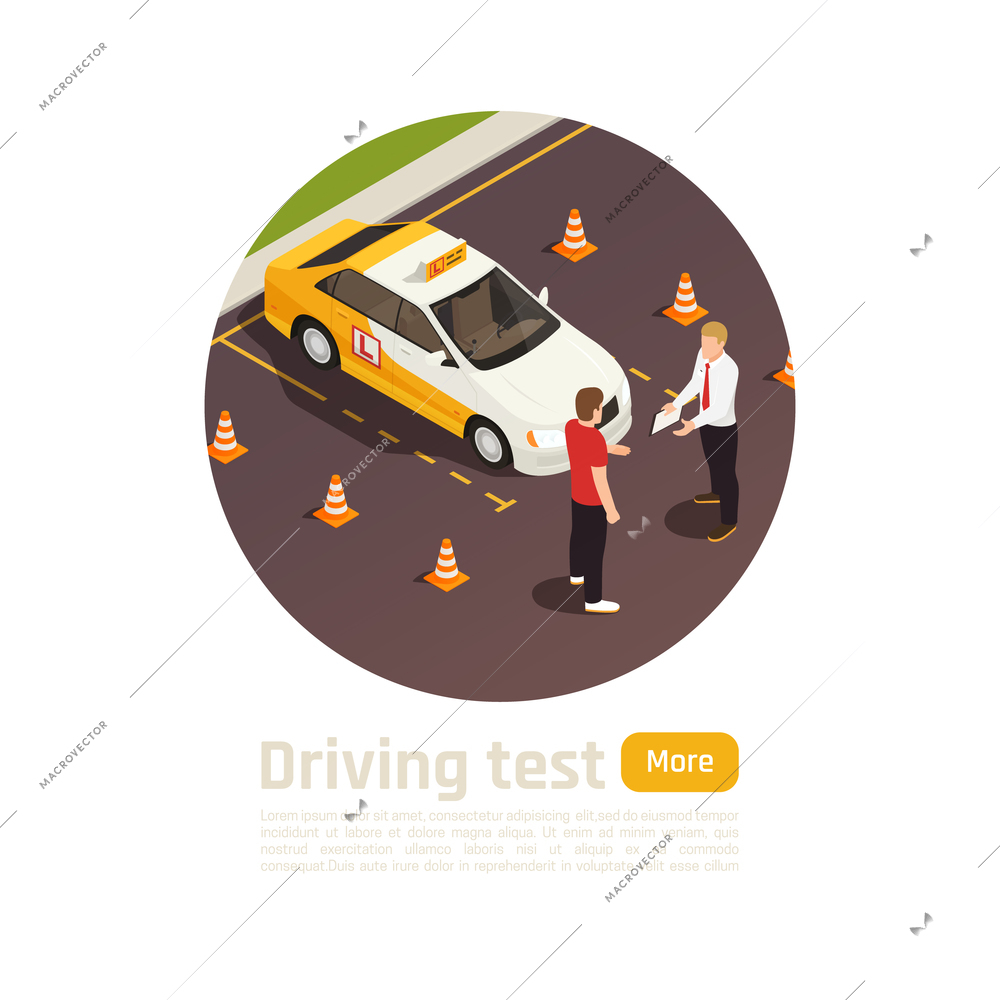 Driving school isometric round composition with circle view of student and instructor characters near training vehicle vector illustration